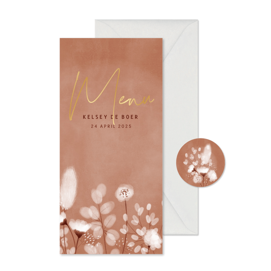Eerste communie menukaart droogbloemen roze waterverf - Kaartimpressie