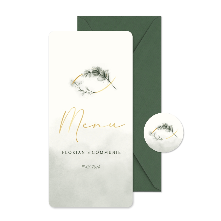 Eerste communie menukaart Ichthus visje met takjes - Kaartimpressie