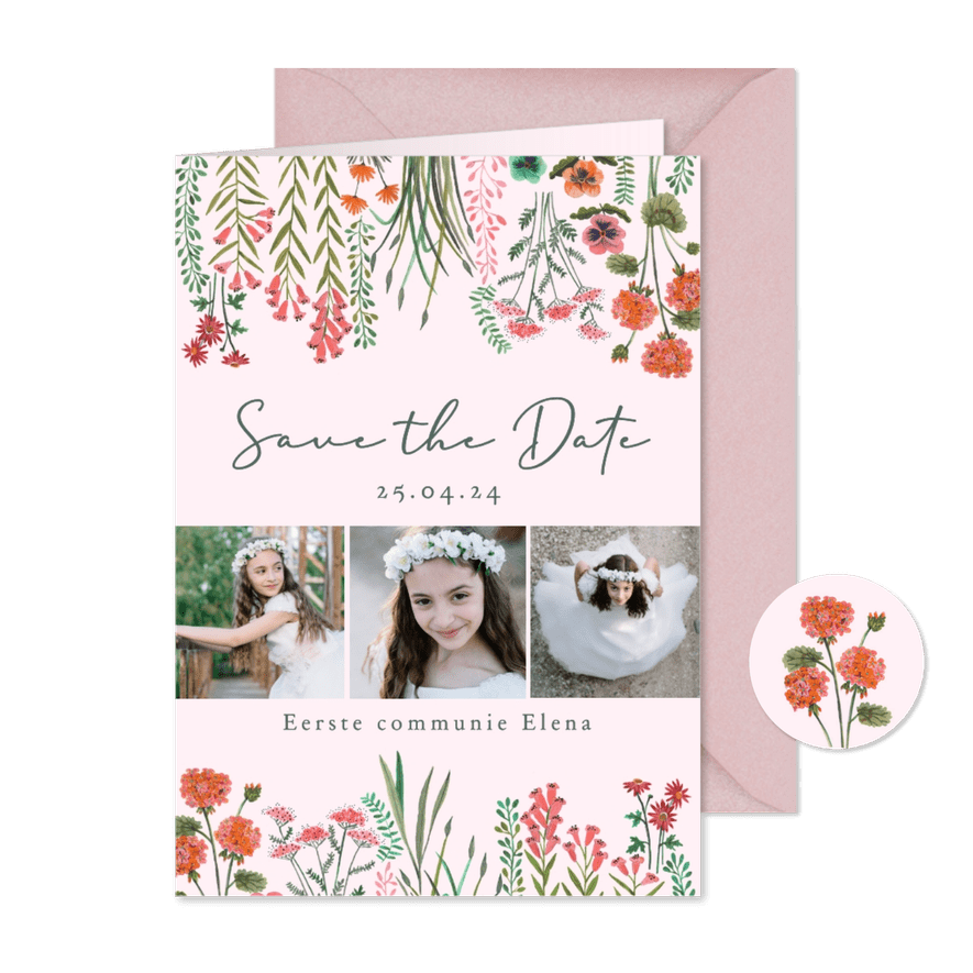 Eerste communie save the date veldbloemen op roze - Kaartimpressie