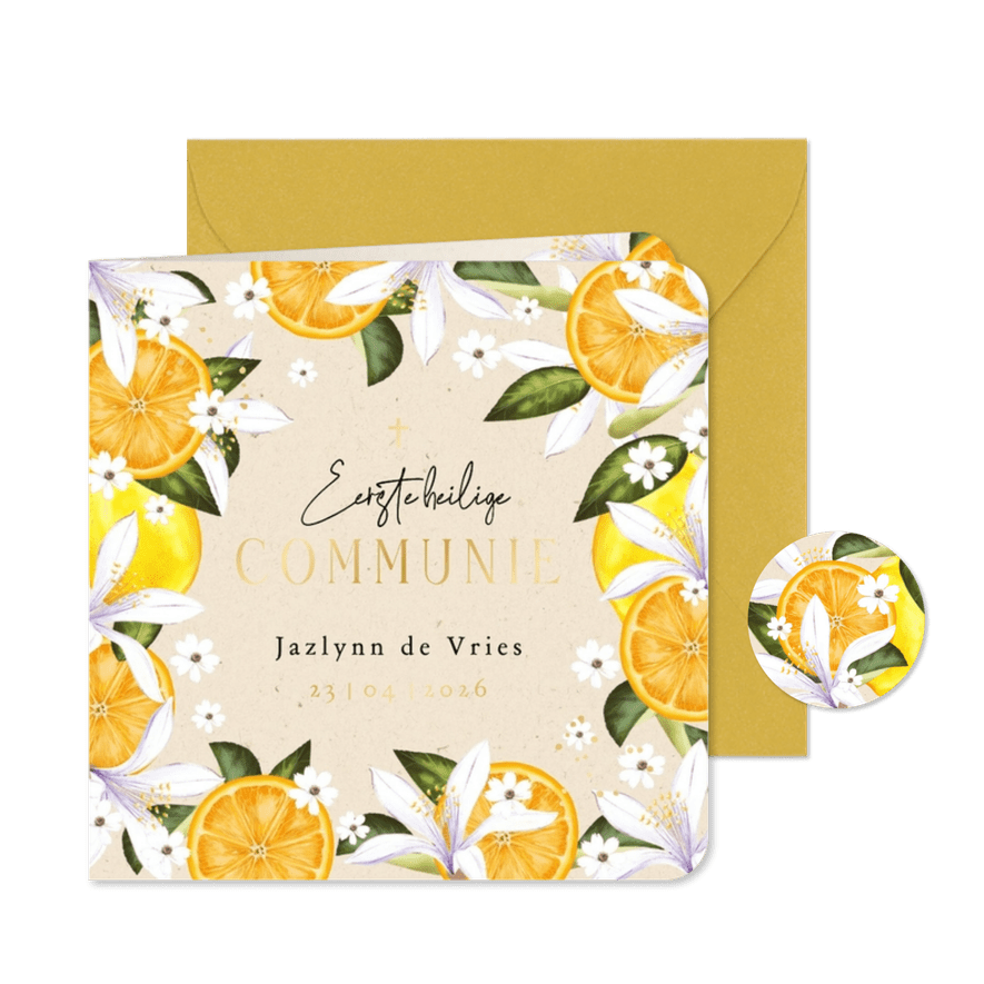 Eerste communie uitnodiging bloemen citrusvruchten goud - Kaartimpressie