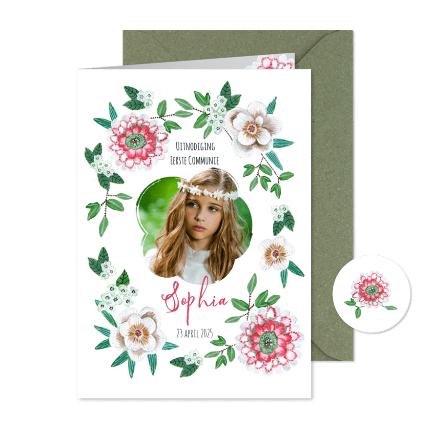 Eerste Communie uitnodiging botanisch bloemen - Kaartimpressie