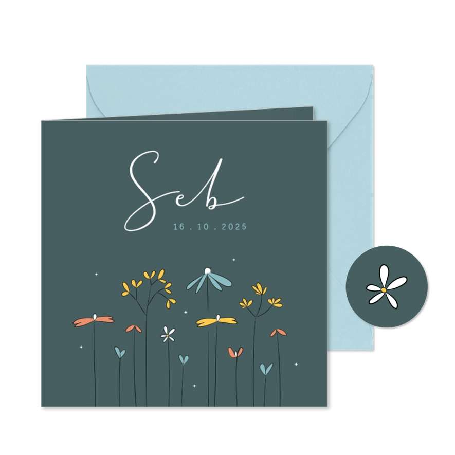 Eigentijds modern geboortekaartje illustratie wilde bloemen - Kaartimpressie