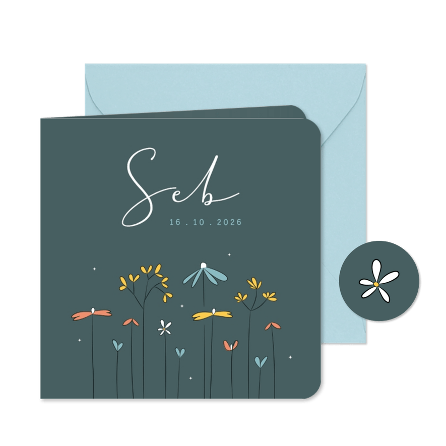 Eigentijds modern geboortekaartje illustratie wilde bloemen - Kaartimpressie