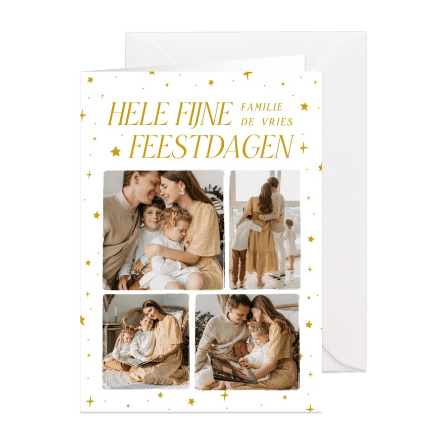 Elegante fotocollage kerstkaart in wit met sterretjes - Kaartimpressie