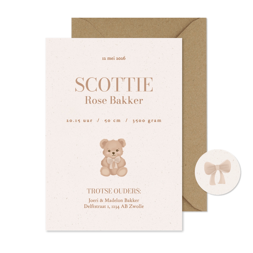 Enkel geboortekaartje met lief beertje beige - Kaartimpressie