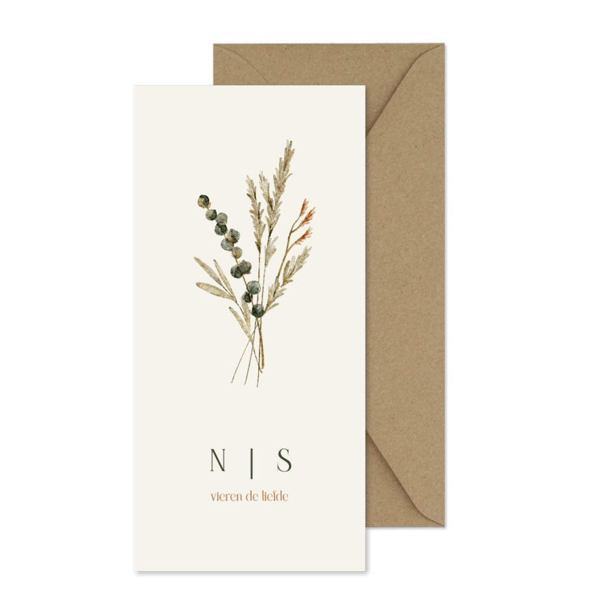 Enkele trouwkaart met droogbloemen en initialen - Kaartimpressie