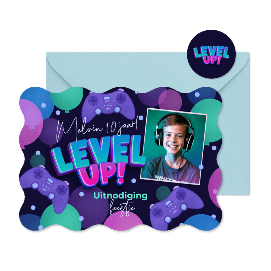 Enkele uitnodiging game party level up wave - Kaartimpressie