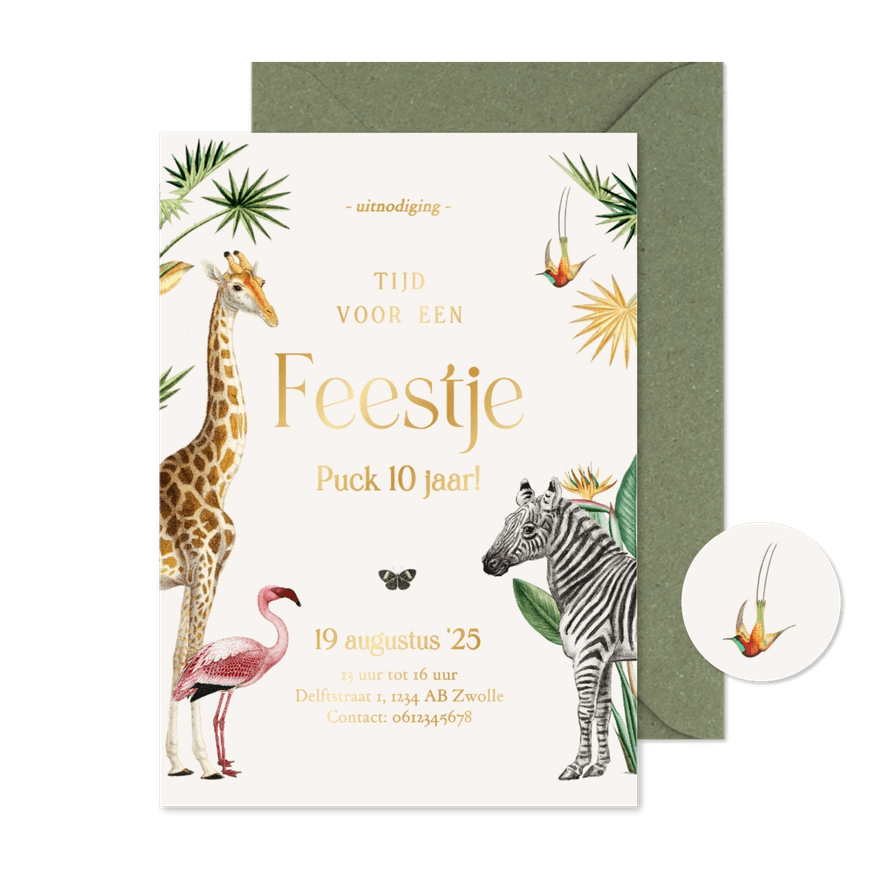 Enkele uitnodigingen kinderfeestje met jungle dieren en goud - Kaartimpressie
