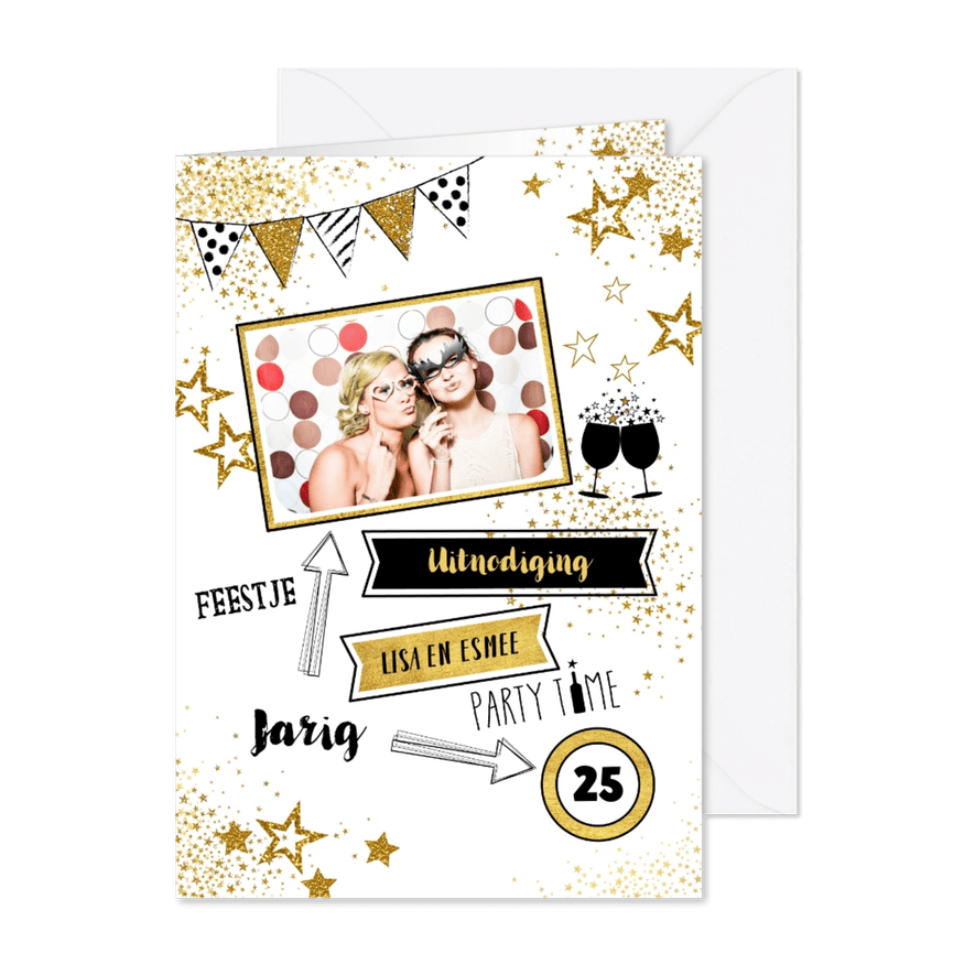 Feestelijke foto kaart uitnodiging met gouden sterren - Kaartimpressie