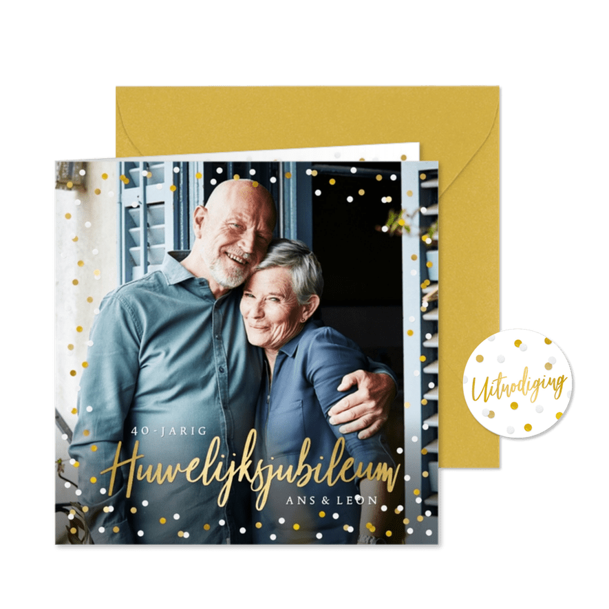 Feestelijke kaart huwelijksjubileum confetti met foto - Kaartimpressie