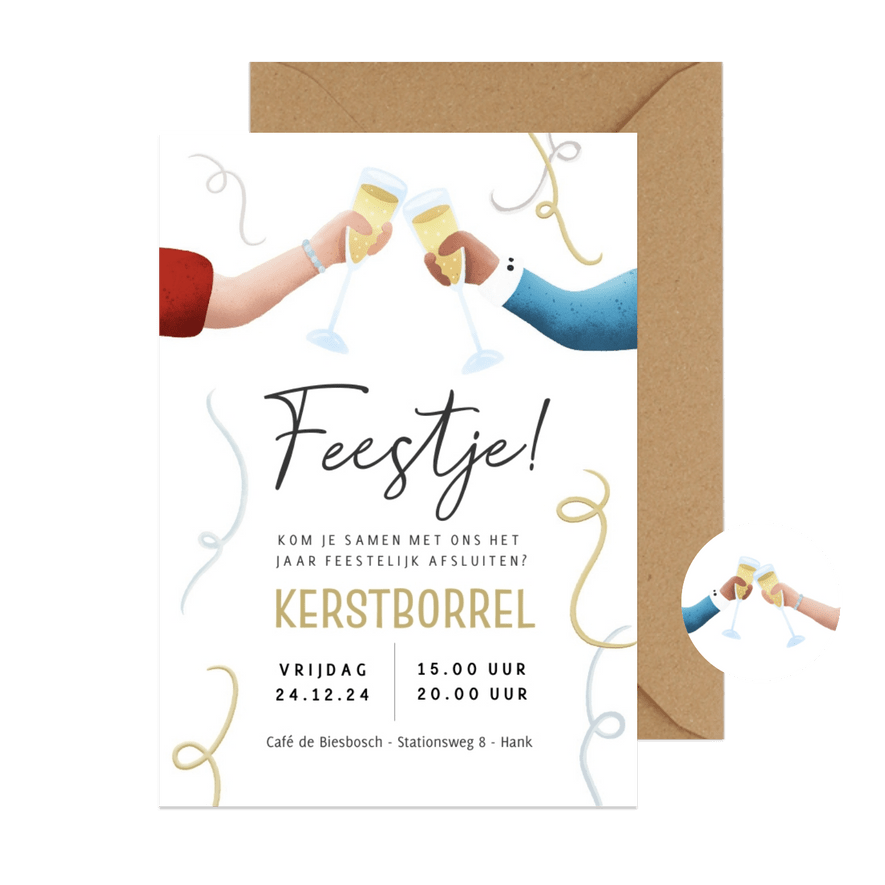 Feestelijke kerstborrel uitnodiging met proostende handjes - Kaartimpressie