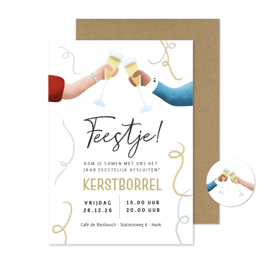 Feestelijke kerstborrel uitnodiging met proostende handjes - Kaartimpressie