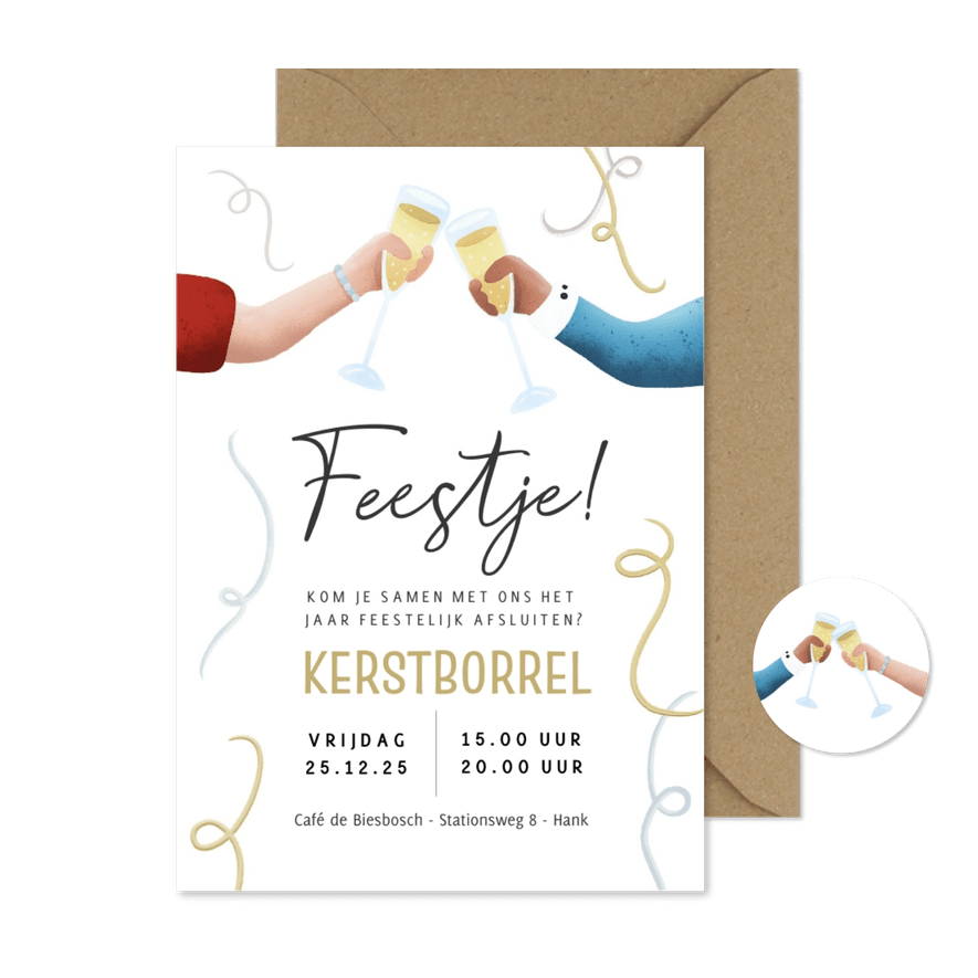 Feestelijke kerstborrel uitnodiging met proostende handjes - Kaartimpressie