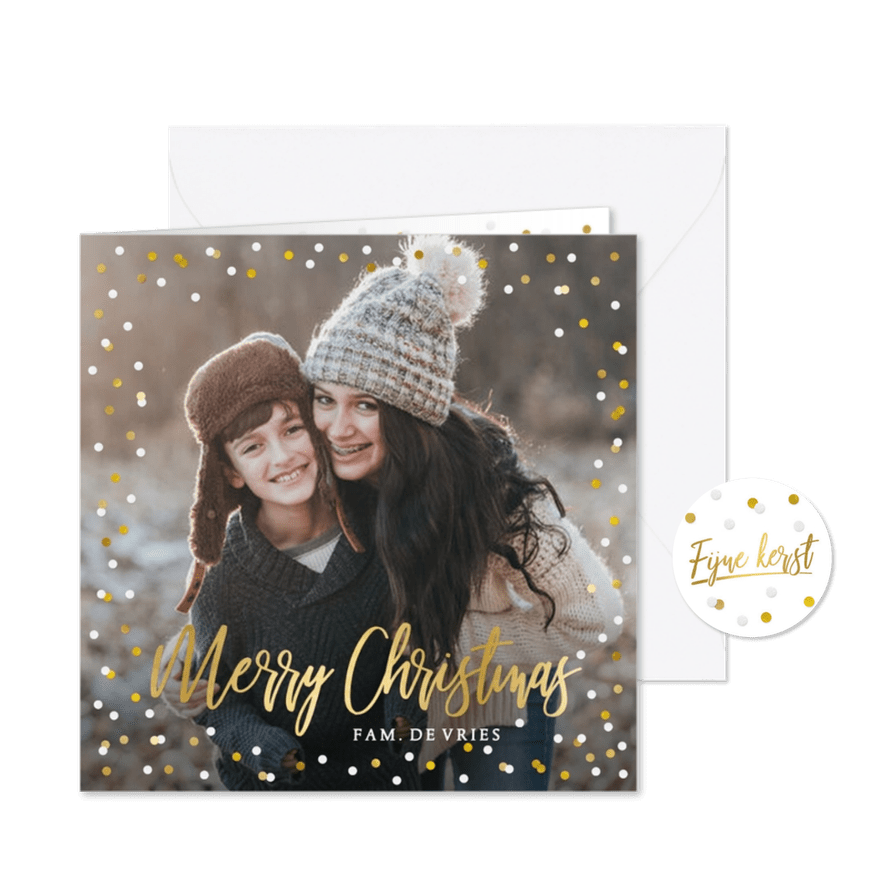 Feestelijke kerstkaart met confetti rand en grote eigen foto - Kaartimpressie