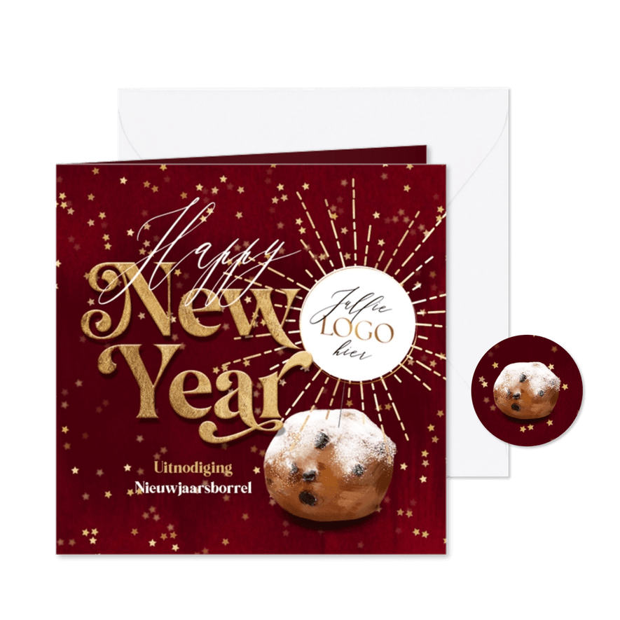 Feestelijke nieuwjaarsjaart vuurwerk sterretjes logo oliebol - Kaartimpressie