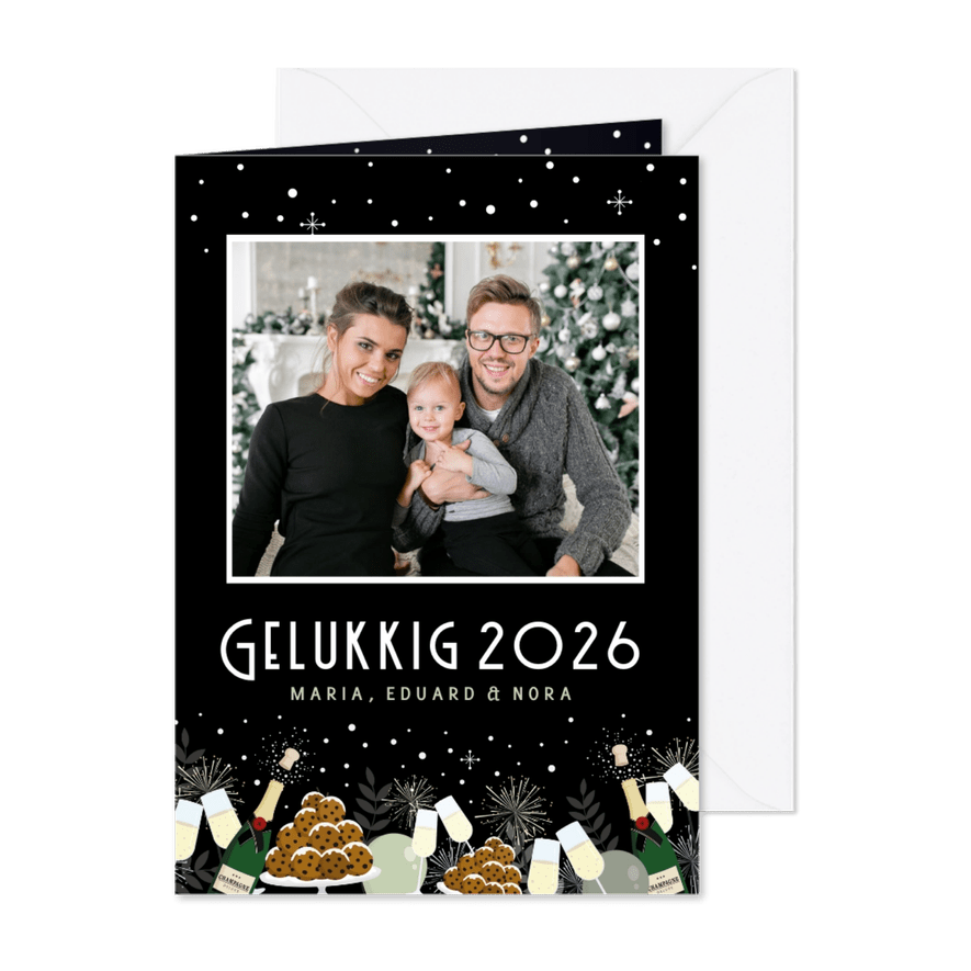 Feestelijke nieuwjaarskaart champagne, oliebollen en foto - Kaartimpressie