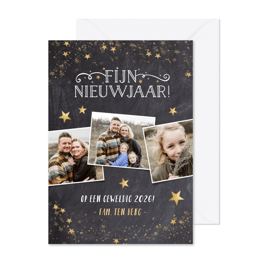 Feestelijke nieuwjaarskaart met krijtbord en gouden sterren - Kaartimpressie