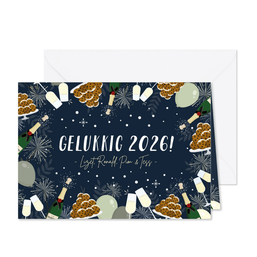 Feestelijke nieuwjaarskaart oliebollen, vuurwerk & champagne - Kaartimpressie