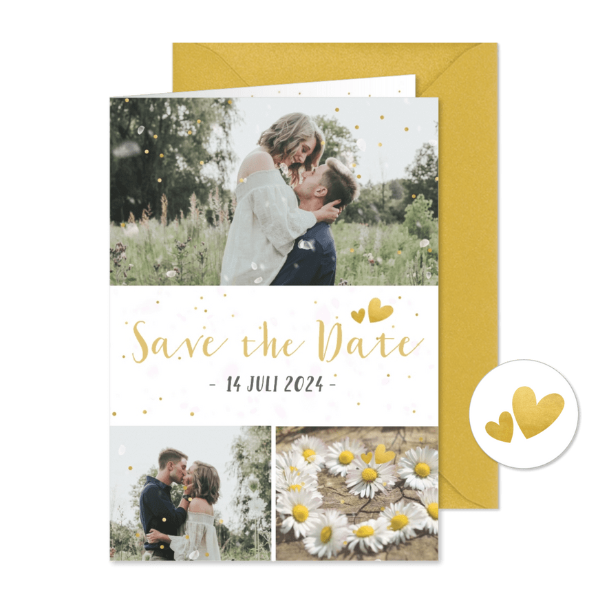 Feestelijke Save the Date kaart met 3 foto's en confetti - Kaartimpressie