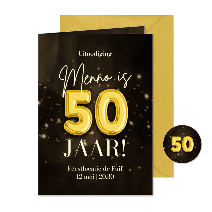 Feestelijke uitnodiging 50 jaar folieballon confetti - Kaartimpressie