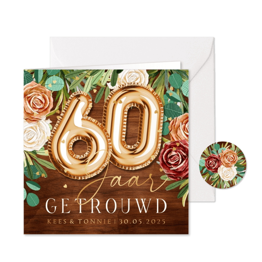 Feestelijke uitnodiging 60 jaar getrouwd botanisch rozen - Kaartimpressie