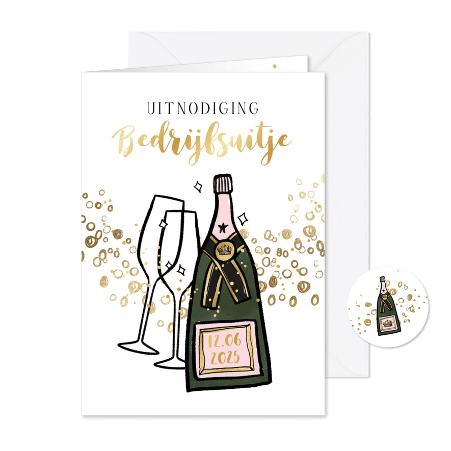 Feestelijke uitnodiging bedrijfsuitje champagne goud bubbels - Kaartimpressie