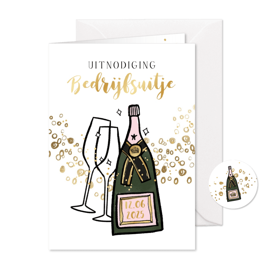 Feestelijke uitnodiging bedrijfsuitje champagne goud bubbels - Kaartimpressie