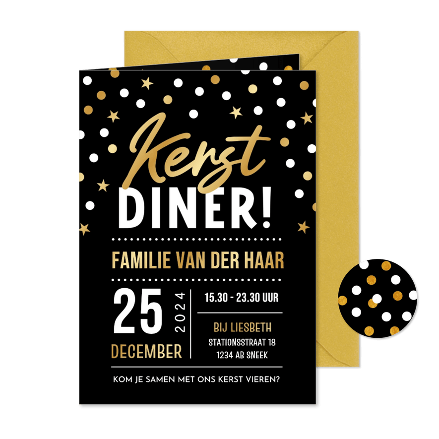 Feestelijke uitnodiging familie kerstdiner confetti - Kaartimpressie