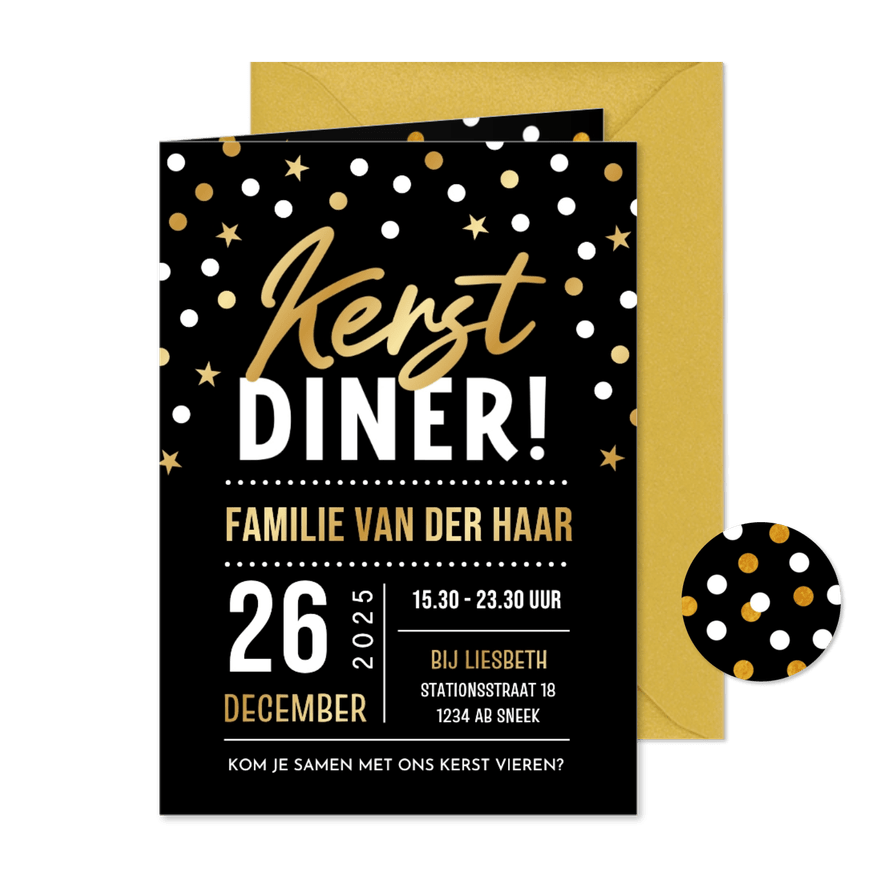 Feestelijke uitnodiging familie kerstdiner confetti - Kaartimpressie