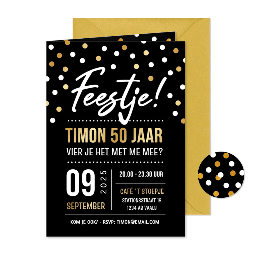 Feestelijke uitnodiging feestje 50 jaar met confetti - Kaartimpressie