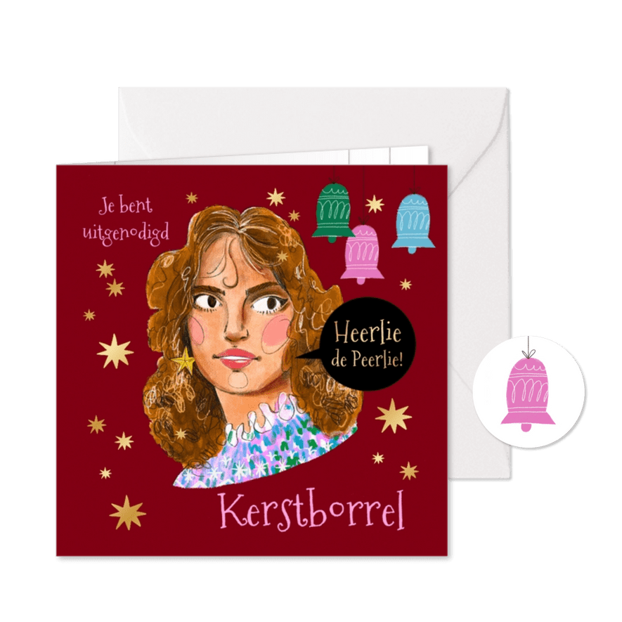 Feestelijke uitnodiging kerstborrel heerlie de peerlie goud - Kaartimpressie