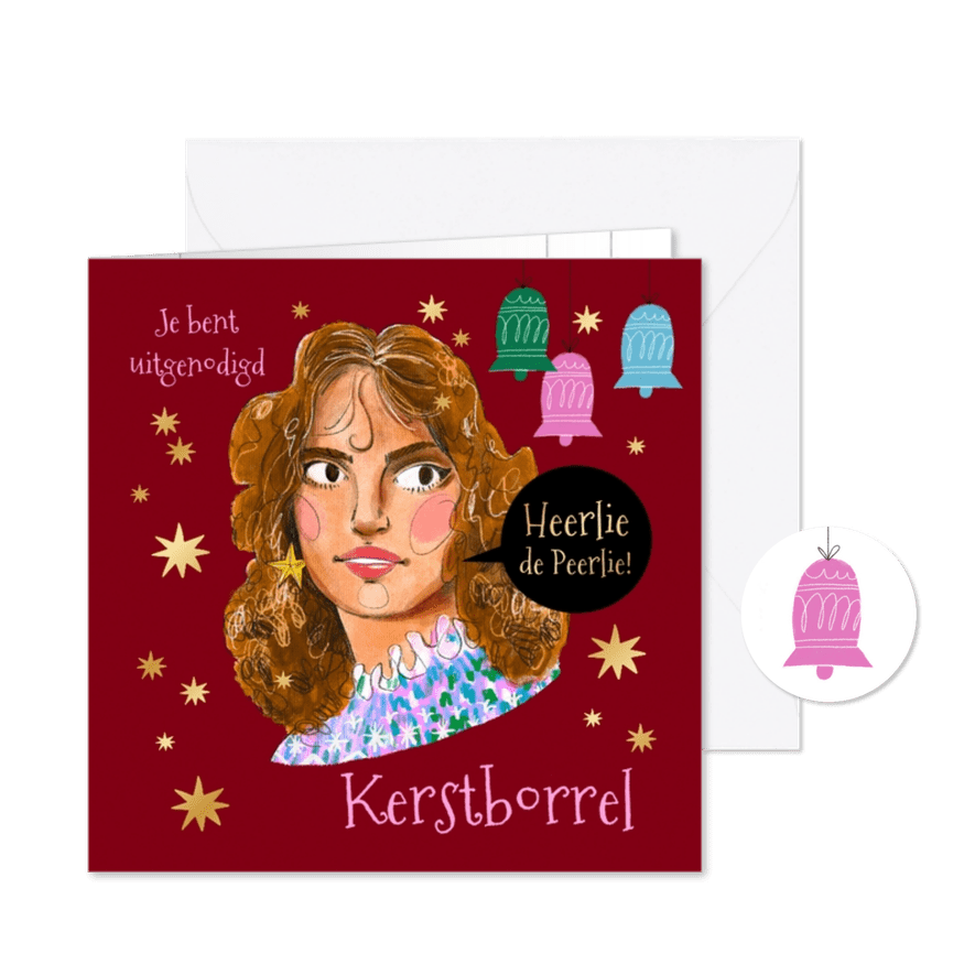 Feestelijke uitnodiging kerstborrel heerlie de peerlie goud - Kaartimpressie