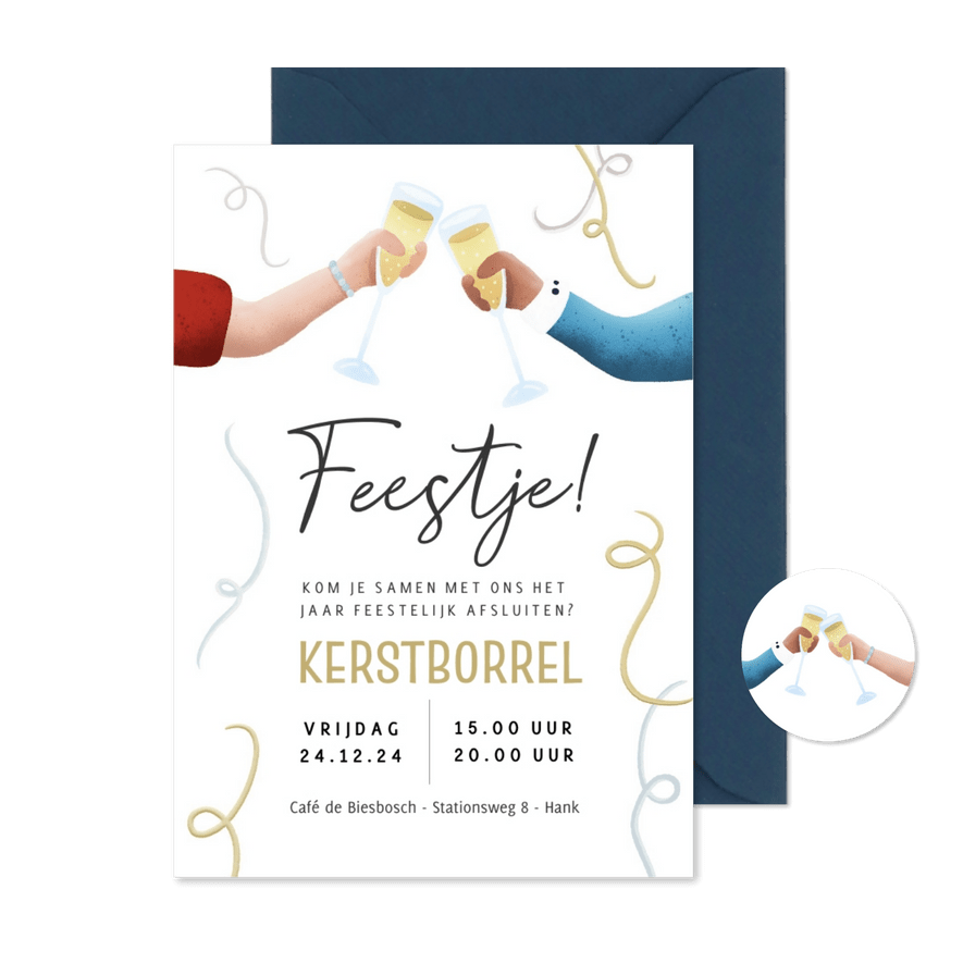 Feestelijke uitnodiging kerstborrel met proostende handen - Kaartimpressie