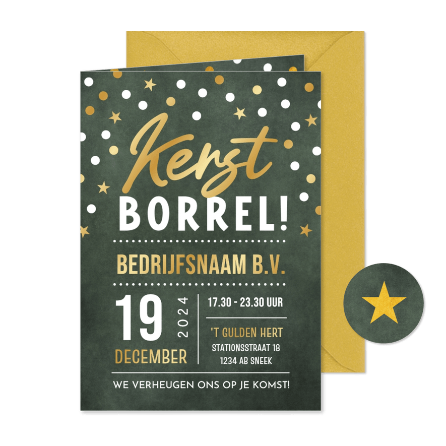 Feestelijke uitnodiging kerstborrel zakelijk met foliedruk - Kaartimpressie