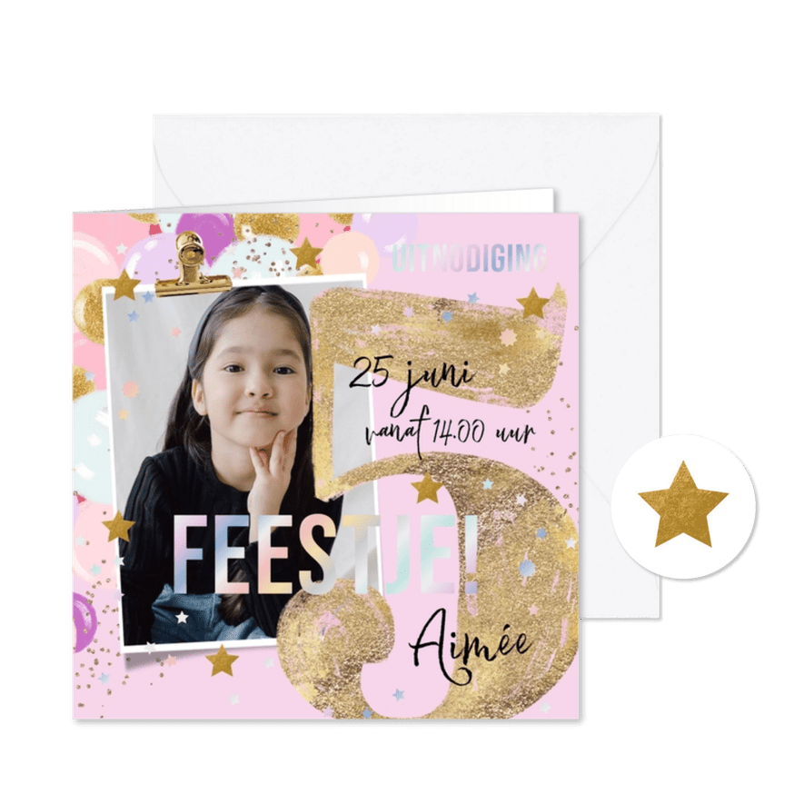 Feestelijke uitnodiging kinderfeestje 5jaar ster ballonnen - Kaartimpressie