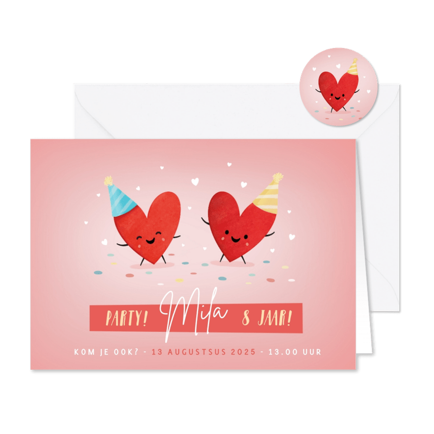 Feestelijke uitnodiging kinderfeestje met feestende hartjes - Kaartimpressie