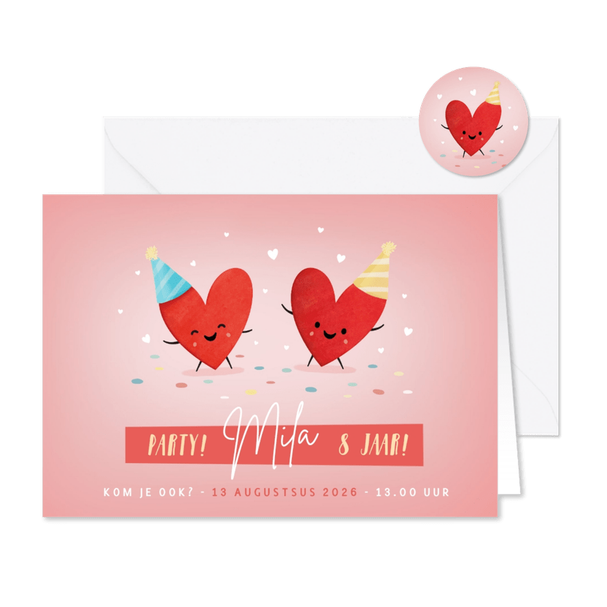 Feestelijke uitnodiging kinderfeestje met feestende hartjes - Kaartimpressie