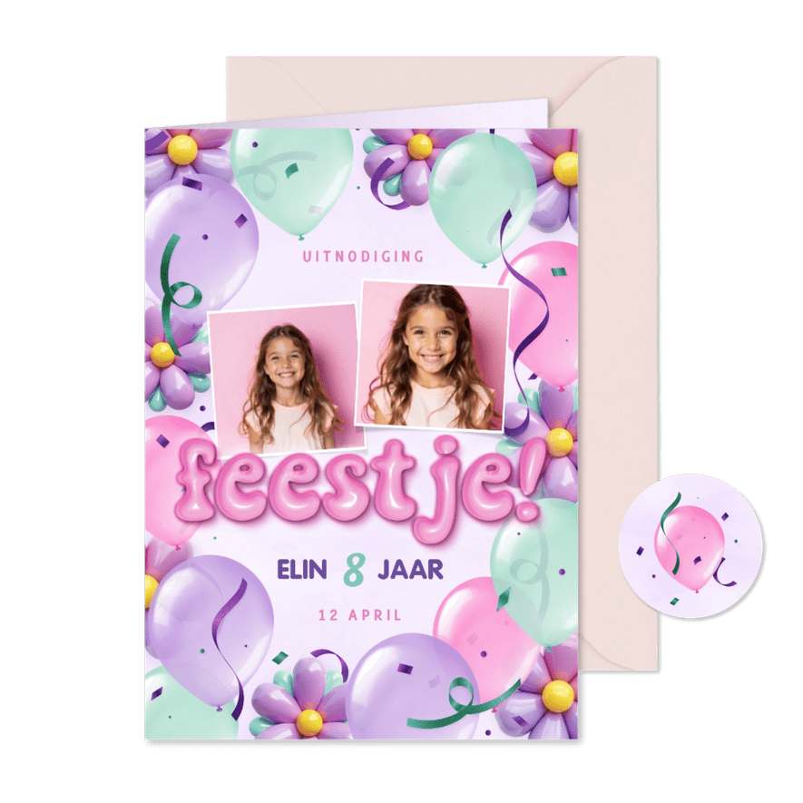 Feestelijke uitnodiging kleurrijke bloemen en ballonnen - Kaartimpressie