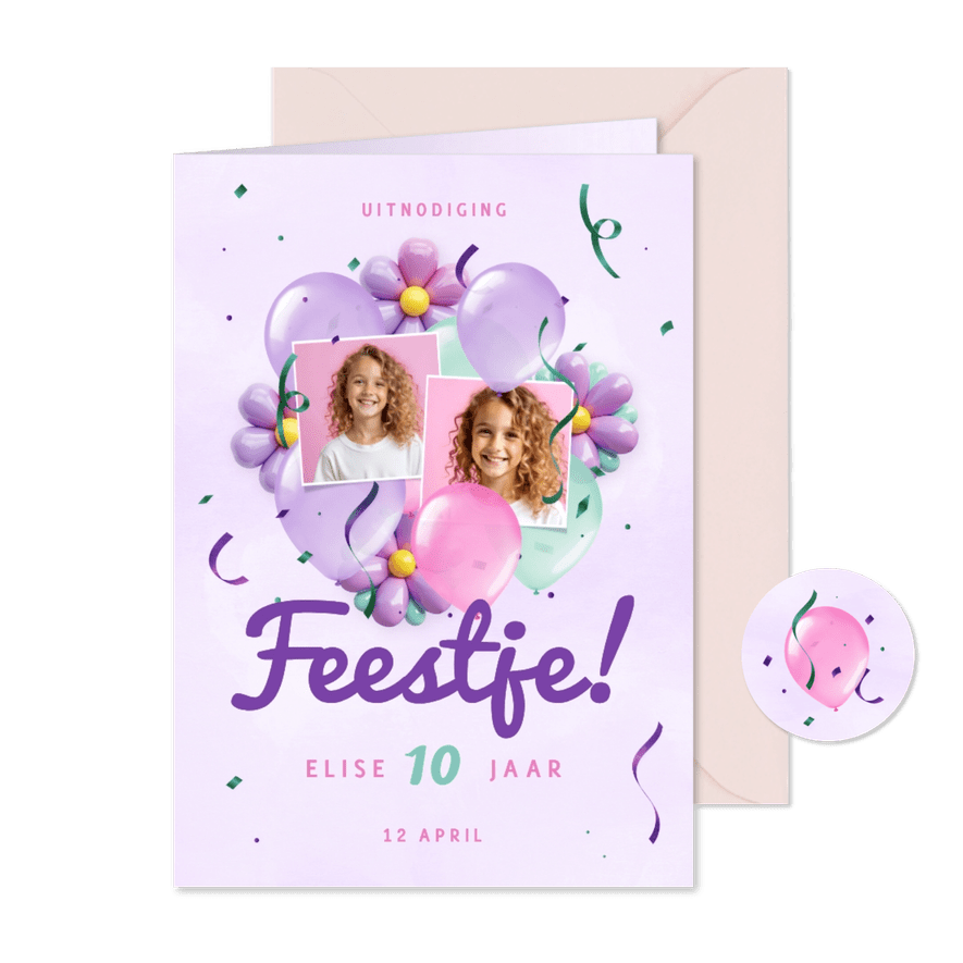 Feestelijke uitnodiging met ballonnen bloemen eigen foto - Kaartimpressie