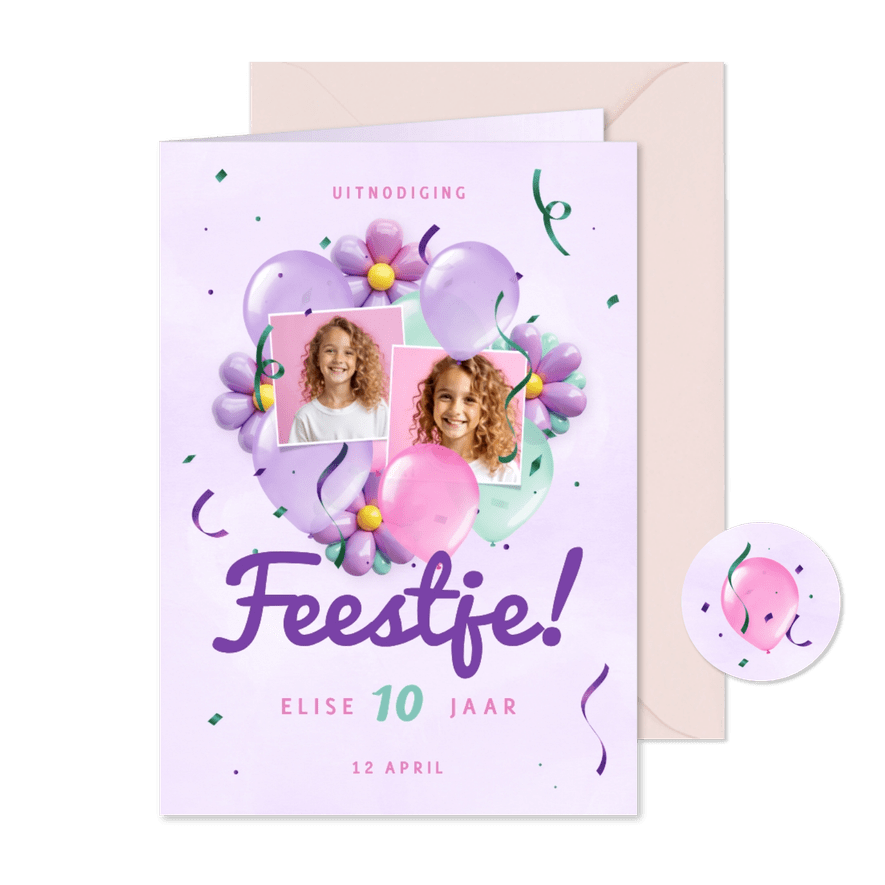 Feestelijke uitnodiging met ballonnen bloemen eigen foto - Kaartimpressie