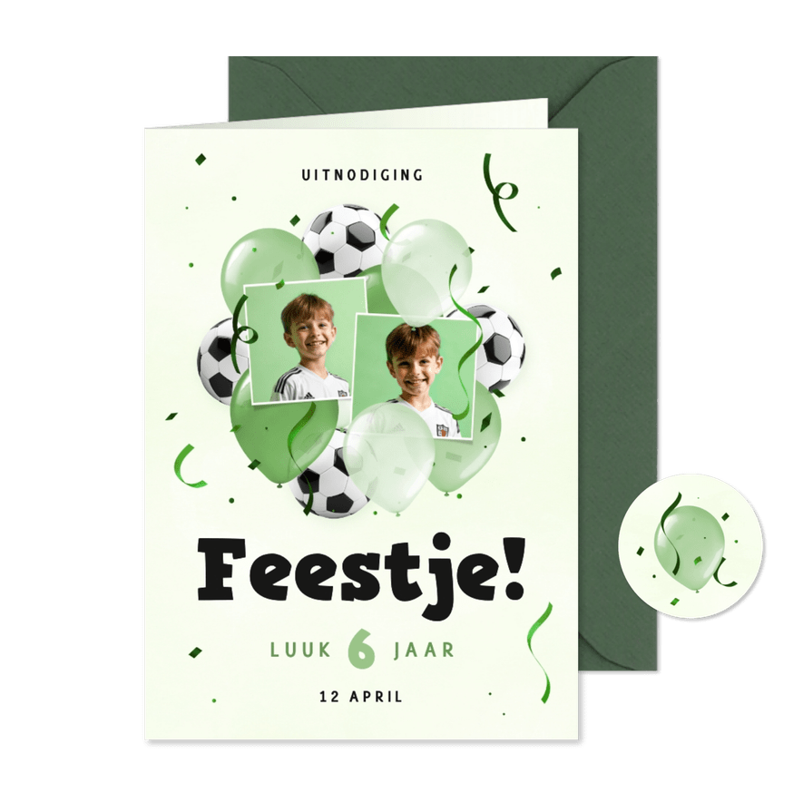 Feestelijke uitnodiging met ballonnen voetbal eigen foto - Kaartimpressie