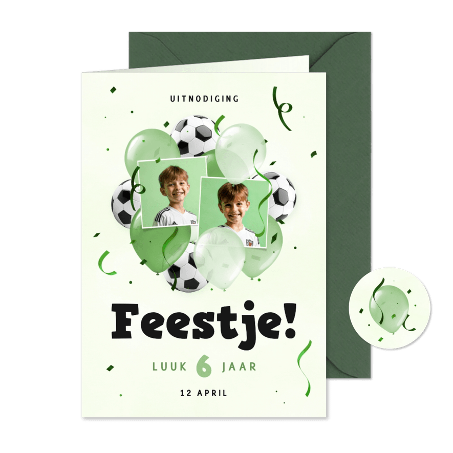 Feestelijke uitnodiging met ballonnen voetbal eigen foto - Kaartimpressie