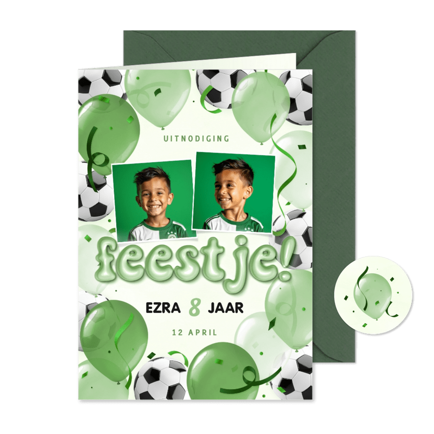 Feestelijke uitnodiging met voetballen en ballonnen - Kaartimpressie