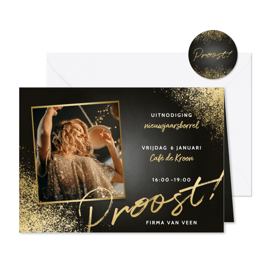 Feestelijke uitnodiging nieuwjaarsborrel foto proost - Kaartimpressie