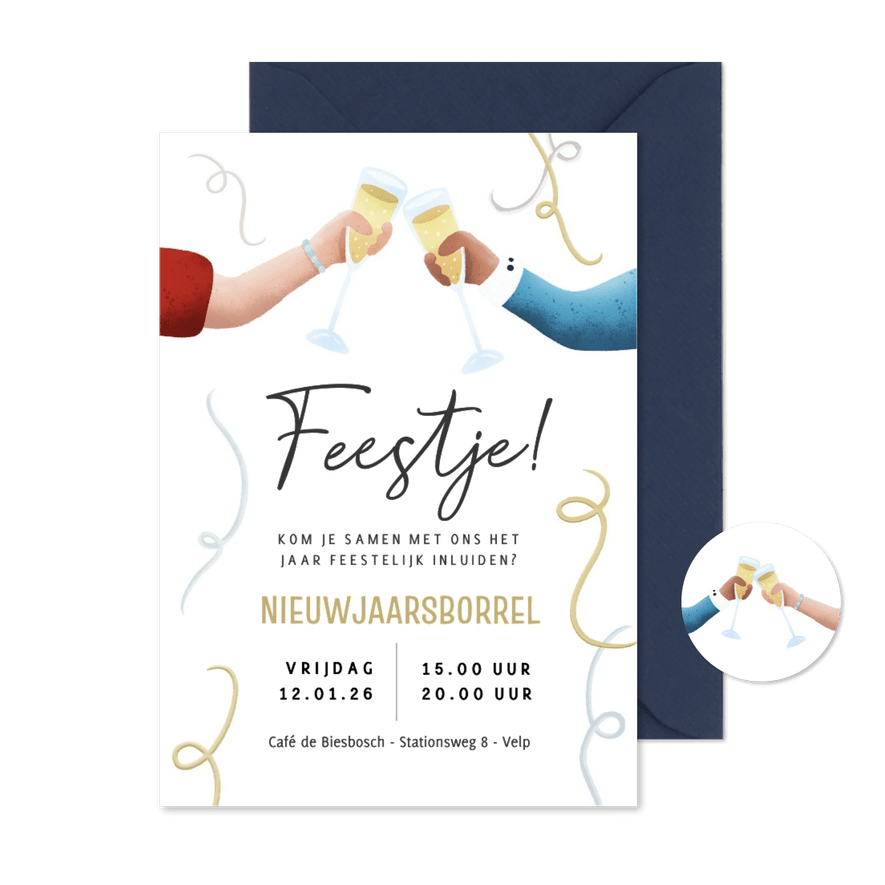 Feestelijke uitnodiging nieuwjaarsborrel met champagne toost - Kaartimpressie