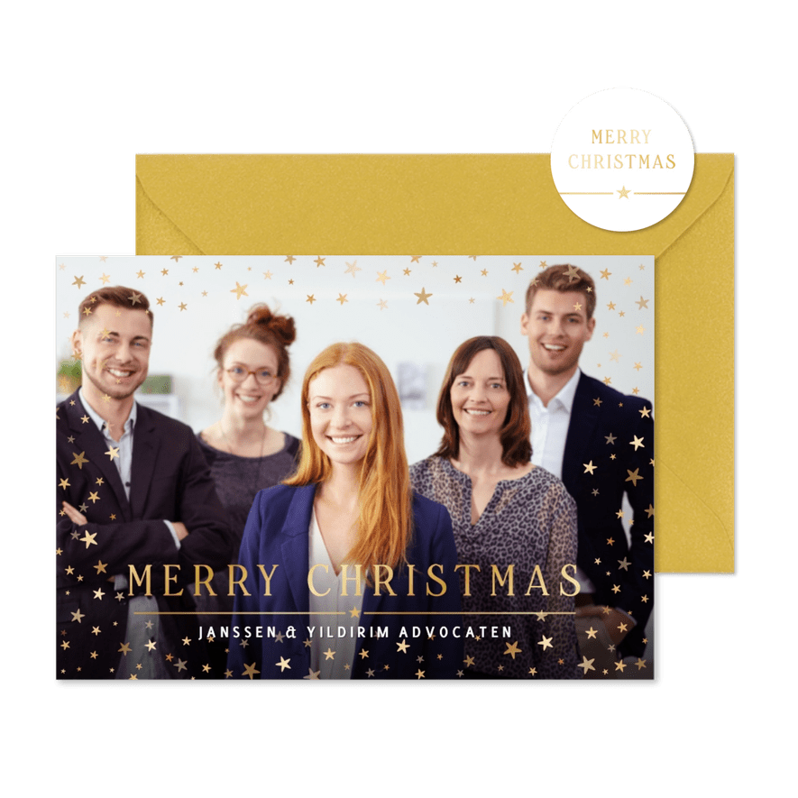 Feestelijke zakelijke kerstkaart met goudlook sterretjes - Kaartimpressie