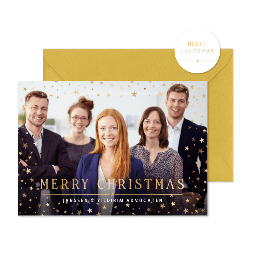 Feestelijke zakelijke kerstkaart met goudlook sterretjes - Kaartimpressie