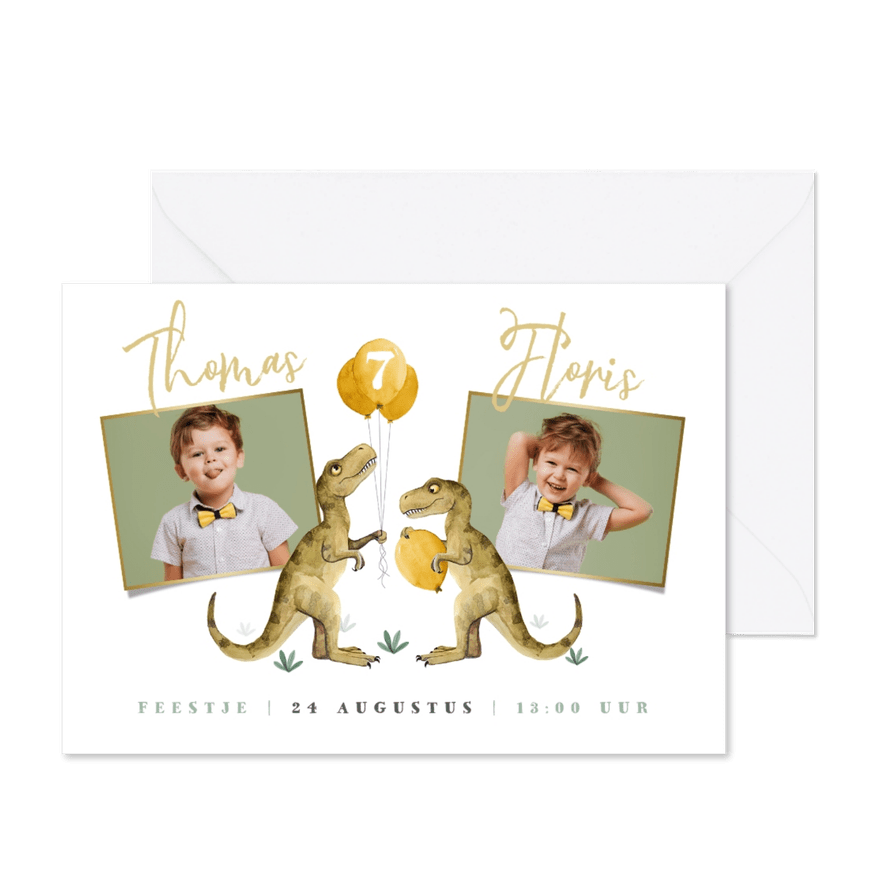 Feestje dinosaurus tweeling ballonnen foto's uitnodiging - Kaartimpressie
