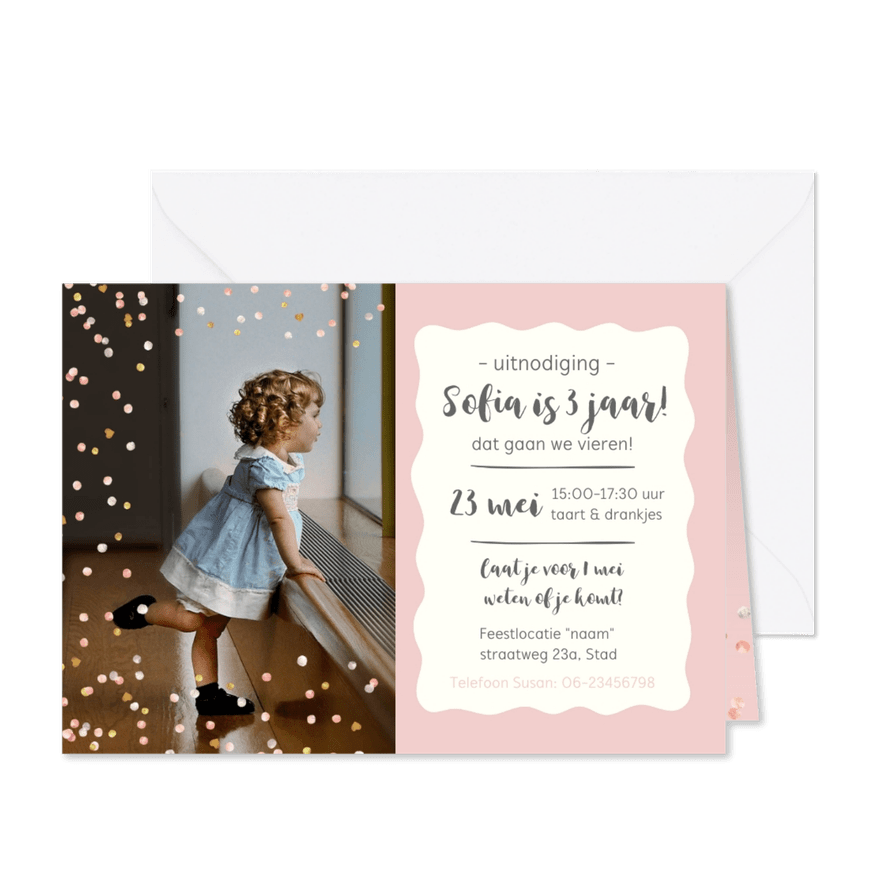 Feestje - meisje jarig confetti - Kaartimpressie