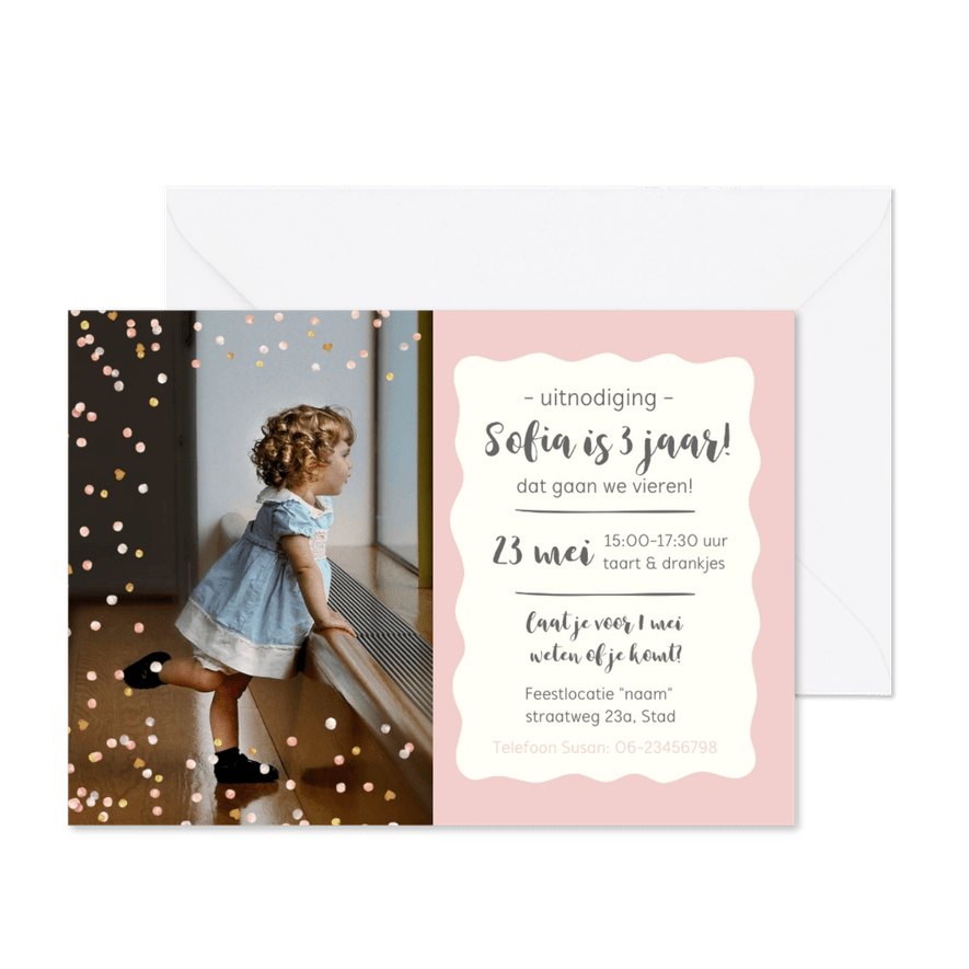 Feestje - meisje jarig confetti - Kaartimpressie
